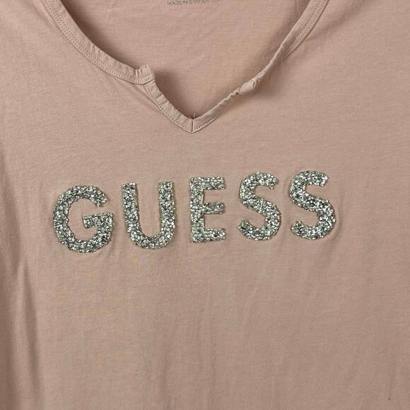 Guess Women Short Sleeve Rhinestone Y2K T-shirt Top Pink Preppy Princess Large - Picture 2 of 5